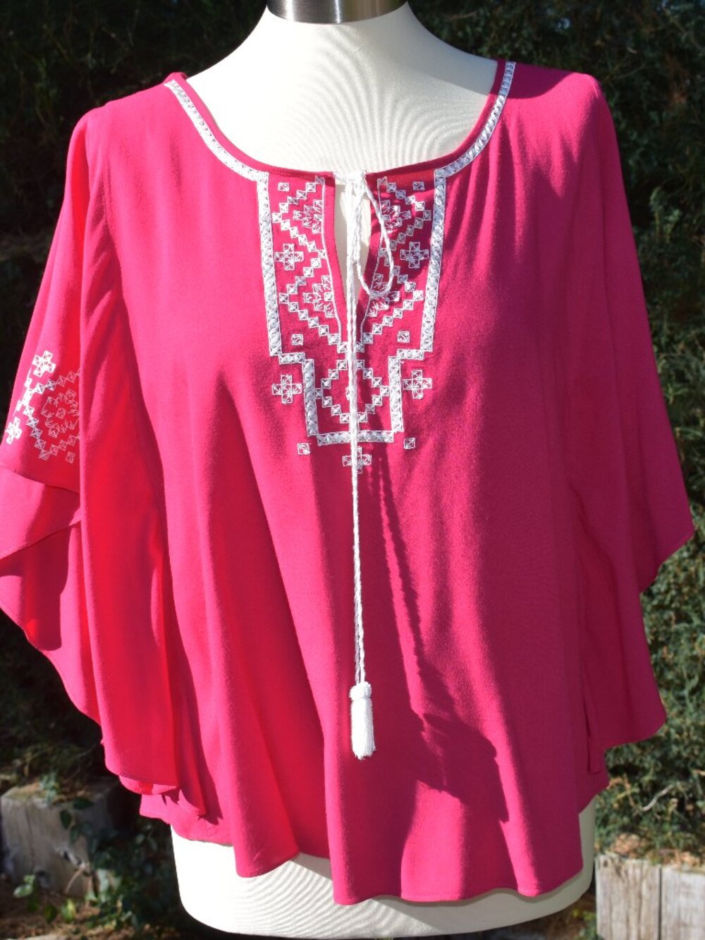 Hot Pink Embroidered Flared Sleeve Top